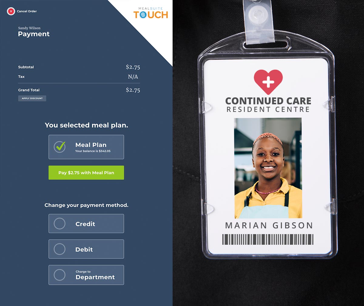 Employees Closeup of empolyee badge and kiosk screen showing meal plan