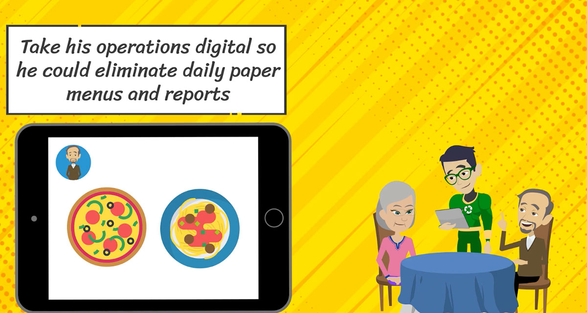 Eliminate Paper Illustrated super hero waiter taking a couple's food order at table using a tablet