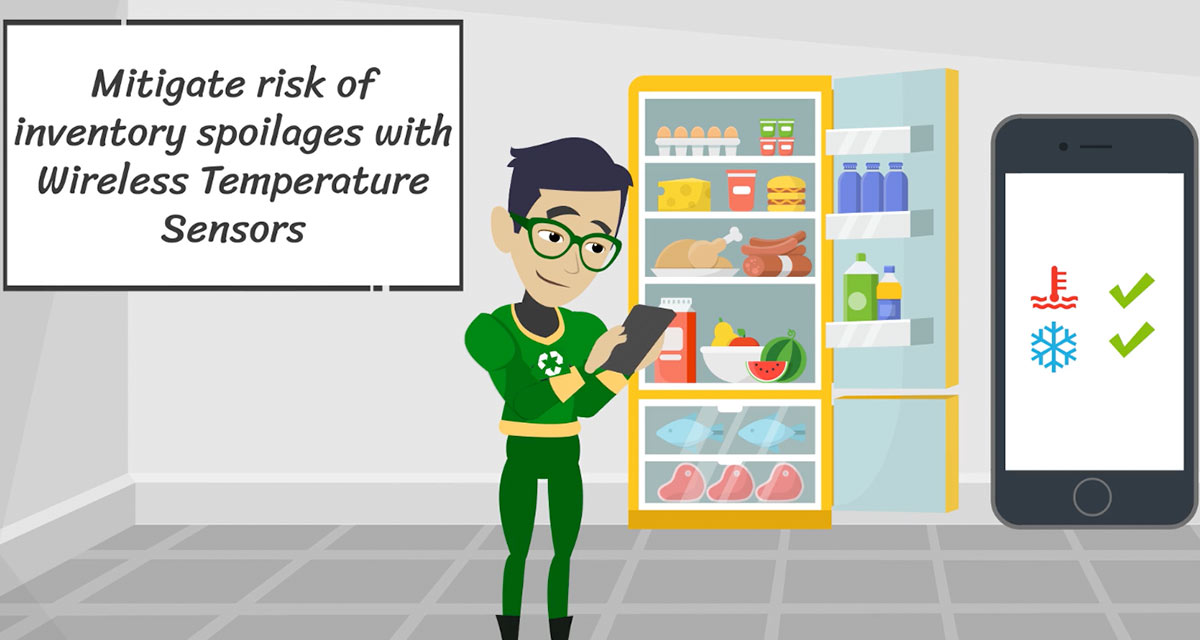 Mitigate Risk Animated super hero in green near a cold storage unit looking at temperature sensor software on his phone