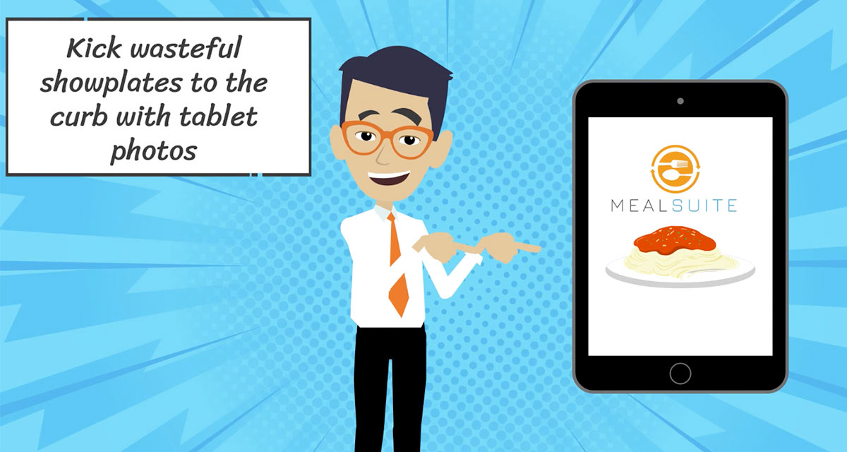 Kick wasteful show plates to the curb Animated man in white shirt and glasses pointing to tablet with foodservice software showing a plate of spaghetti