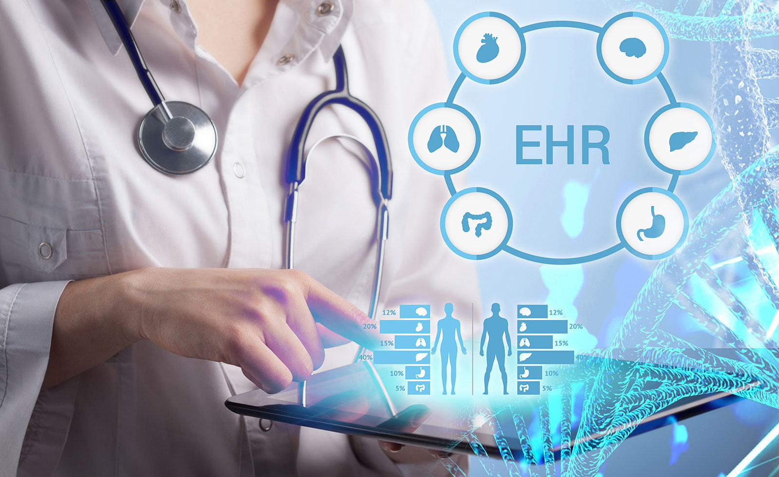 EHR data Nurse with stethescope tapping on tablet to see EHR data